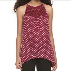 Candie’s Juniors Red Halter Tank Top Hearts Lace Snakebite Hem Size L